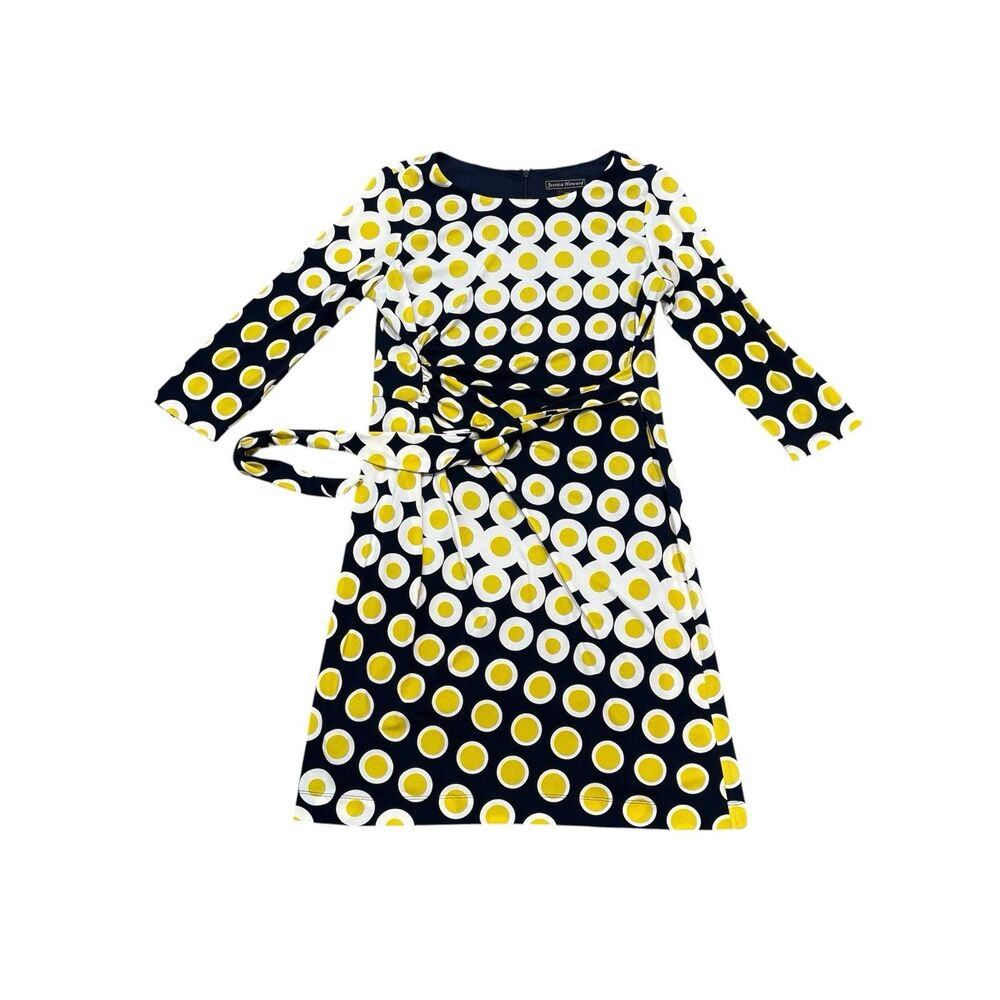 Jessica Howard Navy Yellow Polka Dot Geometric Dress Size 10P Petite